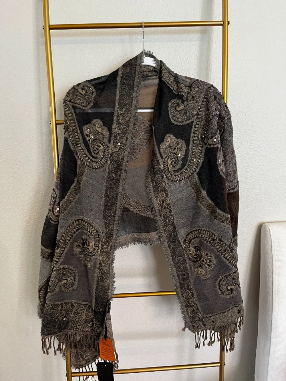 Ahujasons 100% Merino Wool Embroidered Sequin Shawl Wrap Scarf NWT Made in India